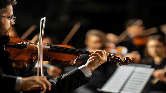 Violin musician orchestra concert bow classical performance stage string symphony create emotive harmony warm light focused closeup view