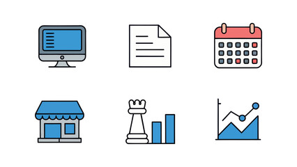 A collection of business icons including a computer document calendar shop chess and a graph illustration vector, illustration, artwork