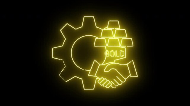 Illuminated yellow neon sign featuring a gear gold bars handshake and GOLD text against a black backdrop