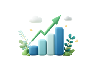 Growing bar graph with upward arrow, leaves, and clouds