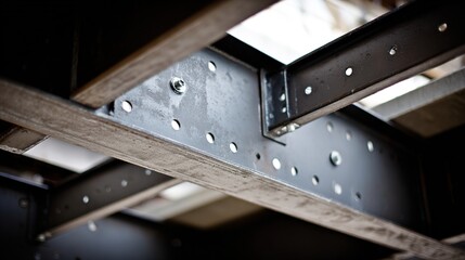 rigid. Industrial steel beams in a construction setting with dramatic lighting and shallow focus. safety posters, maintenance manuals, designed for industrial assembly lines and welding operations.