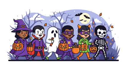 Cute Kids Trick-or-Treating on Halloween Night. Diverse cartoon children in costumes with pumpkin buckets, spooky trees, moon, and bats.