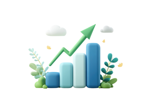 Growing bar graph with upward arrow, leaves, and clouds - Powered by Adobe