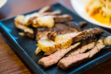 Tasty slice grilled meat cow or beef. Thai food style for eating with Somtum.
