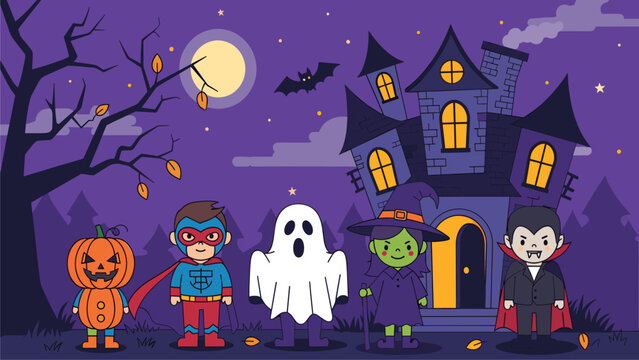 Happy Halloween Kids in Costumes with Spooky Haunted House and Full Moon Background. Vector Illustration.