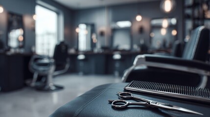 razor. A clean, modern barber studio featuring styling tools, captured with soft overhead lighting and a minimalist background. lifestyle magazines.