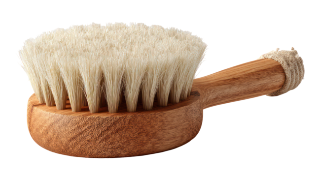 Natural bristle facial cleansing brush with wooden handle isolated on transparent background