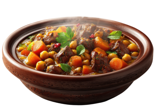 Hearty stew with meat, chickpeas, carrots in clay bowl