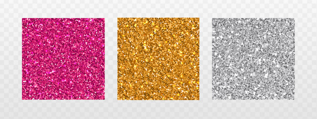Vector illustration. Glitter pattern swatches in gold, silver, and pink. Isolated.