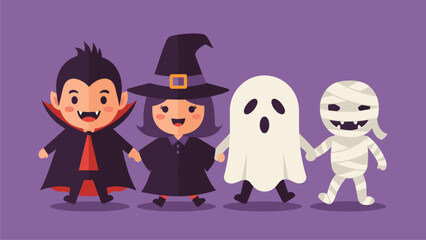 Cute Halloween Friends: Cartoon Vampire, Witch, Ghost, and Mummy Characters Holding Hands
