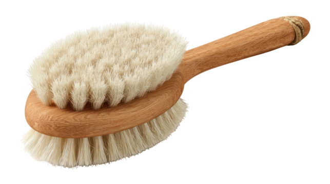 Wooden handled body brush with two bristled heads isolated on transparent background