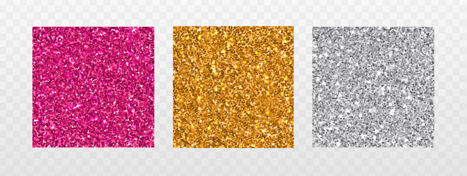 Vector illustration. Glitter pattern swatches in gold, silver, and pink. Isolated.