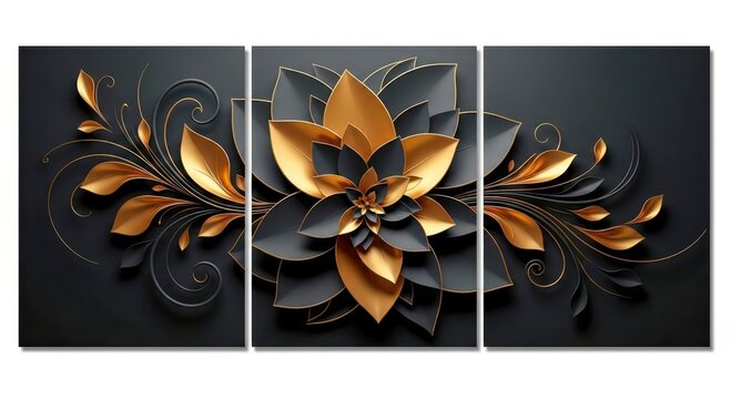 Elegant triptych art featuring a golden and black flower with swirling accents on a dark background