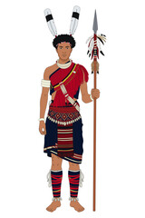 Hornbill Festival Vector Illustration. Traditional Naga Warrior Holding Rifle in Colorful Tribal Attire with Feather Headdress, Cultural Celebration of Nagaland, India, Folk Heritage, and Festival. © Meico Studio