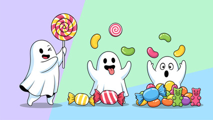 Cute cartoon ghosts playing with Halloween candy, lollipops, and sweets on a pastel background. Fun holiday illustration.