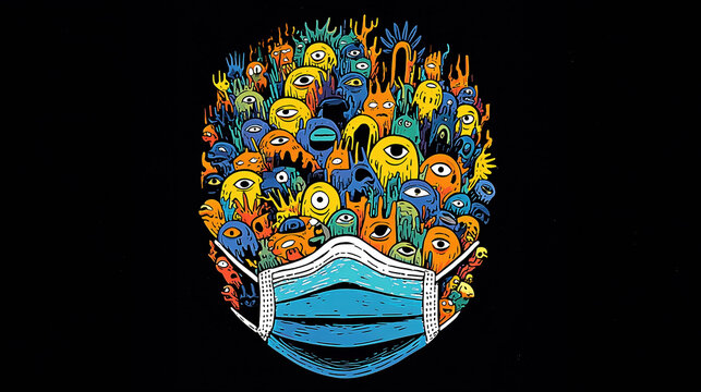 A vivid collection of cartoon-like monsters featured on a black background, all wearing face masks. The colors are bright and playful, contrasting sharply with the dark setting