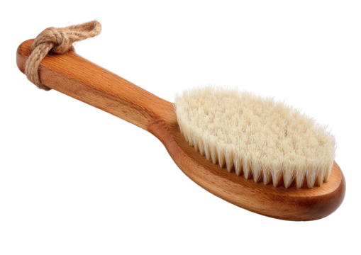 Wooden-handled, natural bristle brush with a rope loop