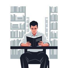 Stylish vector art of a focused man reading a black book in a minimalist library.