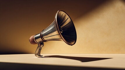 amplifier. Vintage megaphone on minimalist background with dramatic shadows, representing communication concepts. event programs.