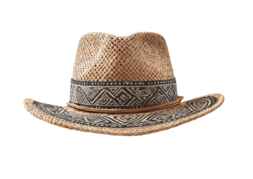 Straw hat with tribal patterned band and brim