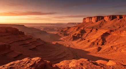 Sunrise over a vibrant red canyon.  Vast, rugged landscape at dawn