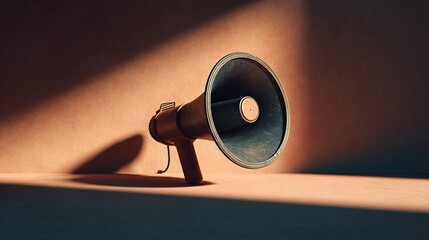 amplifier. Vintage megaphone on minimalist background with dramatic shadows, representing communication concepts. event programs.