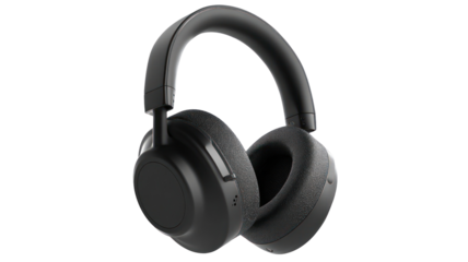 Black over ear headphones with textured earcups isolated on transparent background