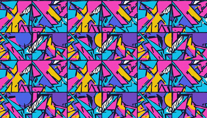Colorful abstract background featuring a seamless repeating pattern of geometric shapes in a retro graffiti and street art inspired style