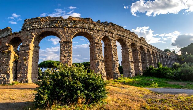 Ancient Roman aqueduct arches span across a sunny, grassy hillside