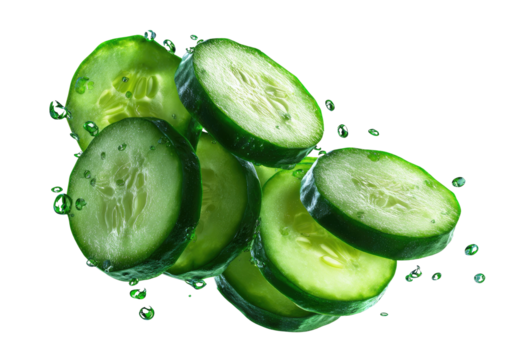 Cucumber slices float with water drops on black background