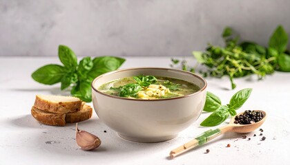 Creamy Green Soup with Herbs and Bread Still Life Against White Background