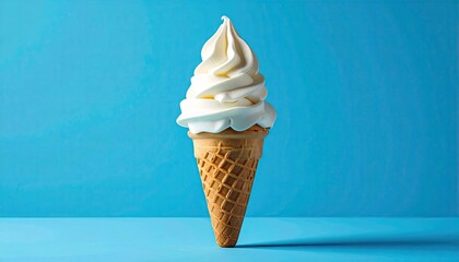Creamy Soft Serve Ice Cream Cone on Vibrant Blue Background in Studio Shot