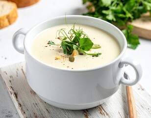 Creamy Soup in White Bowl with Herbs Garnish