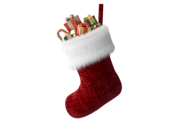 Christmas stocking filled with gifts isolated on transparent background