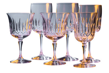 Collection of elegant crystal wine glasses isolated on transparent background