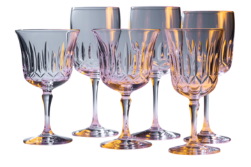 Collection of elegant crystal wine glasses isolated on transparent background