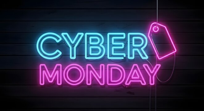 Bright neon sign for cyber monday sale with a pink price tag hanging