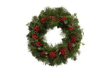 Green christmas wreath with red berries isolated on transparent background