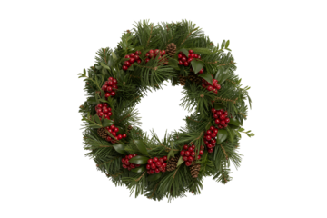 Green christmas wreath with red berries isolated on transparent background