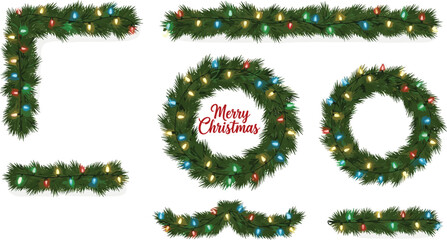 Obraz premium Illustrative set of green fir garlands, decorative corners, and elegant wreaths adorned with colorful glowing lights, perfect for festive holiday season decoration