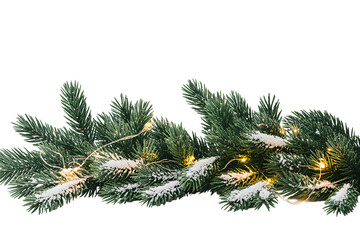 Christmas garland with warm white lights and ornaments isolated on transparent background