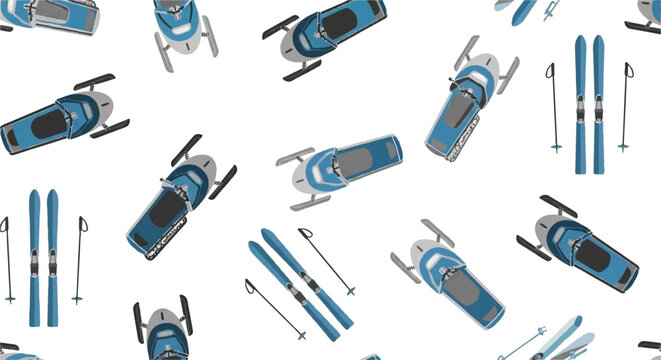 Winter Sports Pattern: A dynamic illustration showcases a repeating pattern of snowmobiles and skis, perfect for designs related to winter activities and outdoor adventures.