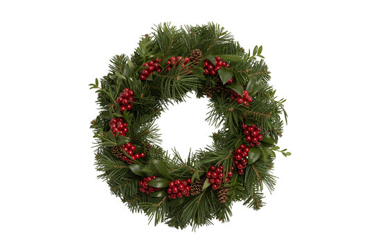 Green christmas wreath with red berries isolated on transparent background - Powered by Adobe
