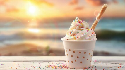 Soft-serve ice cream with sprinkles and wafer against sunset beach backdrop
