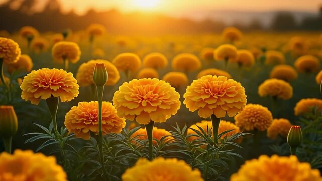 A golden field of blooming marige in the sunset view