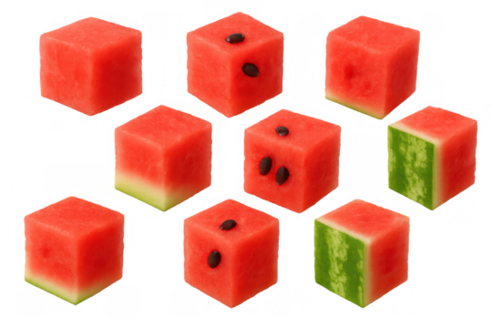 Watermelon cubes displaying fresh red pulp and green rind, healthy summer fruit for refreshing snacks, transparent background