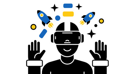 Experience virtual reality adventures with rockets and colorful shapes