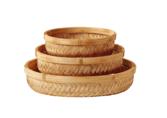 Stack of three woven, round, light-brown, bamboo baskets