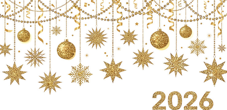 Elegant golden glitter ornaments and stars hanging for a festive 2026 New Year celebration greeting card concept