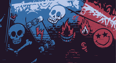 Edgy grunge vector background with graffiti texture, skulls, crossbones, burning flames, a lightning skateboard, and star-eyed smiley faces in a red and blue urban style.